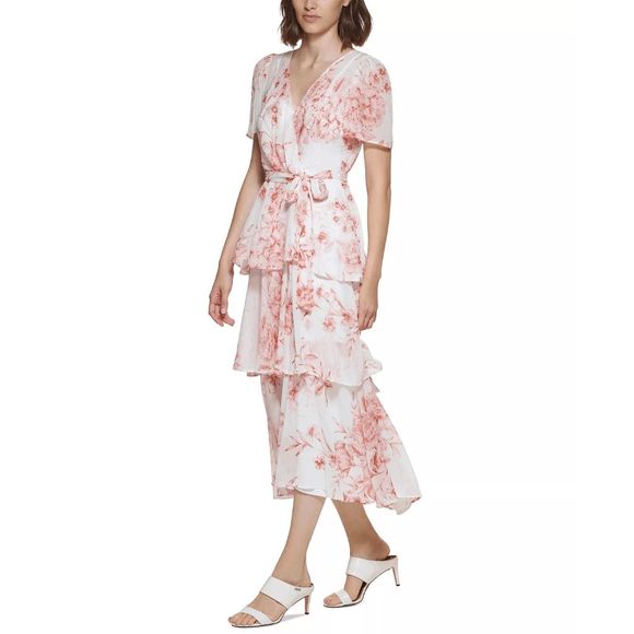 Calvin Klein Women's Floral-Print Tiered Maxi Dress - Blush Multi 12 - Picture 1 of 4